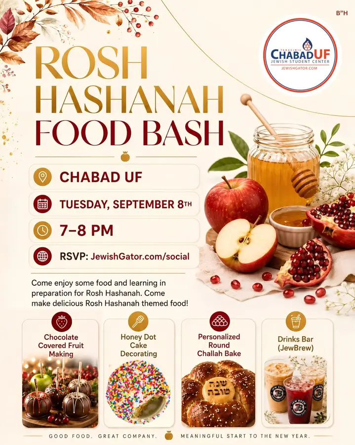 Rosh Hashanah Food Bash, Tuesday September 8, 7 to 8 PM at Chabad UF