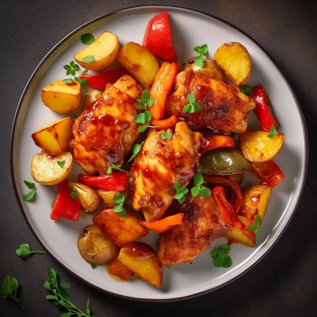 Glazed sweet and sour chicken Tuesday with spiced potatoes and roasted peppers