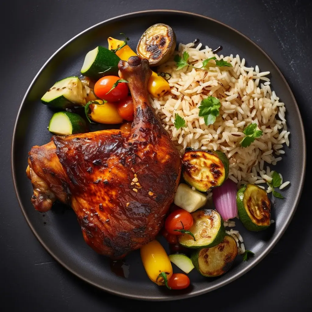 Barbecue glazed chicken leg quarter Wednesday with rice pilaf and summer roasted vegetables