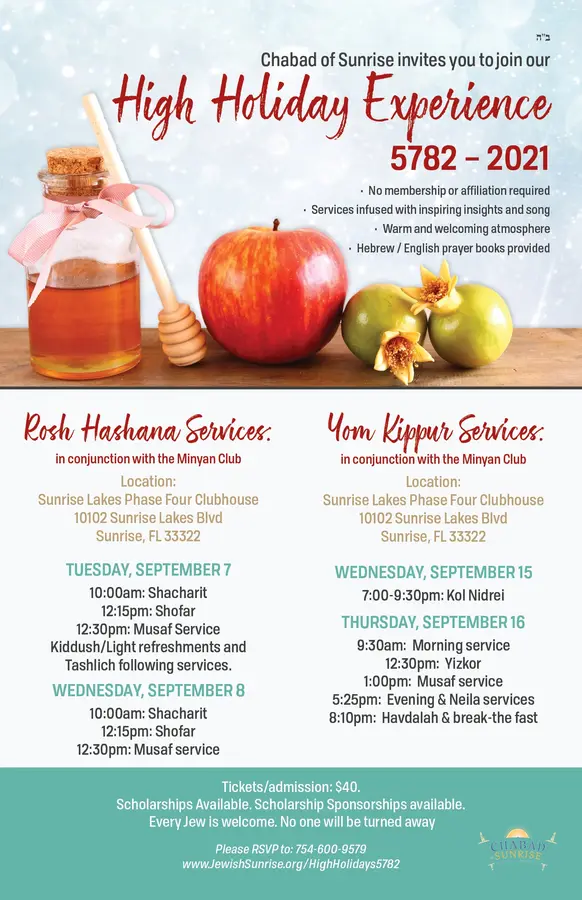 Please note the new location for Rosh Hashanah this year - at the Sunrise Lakes Phase 4 Clubhouse - in the same location as Yom Kippur.