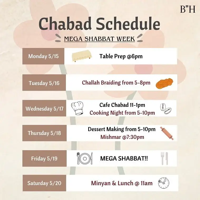 Want to help us prep for Mega Shabbat this week?? Stop by at any time for any of our prep events and help out :) We cannot wait to see you all!! 🥰😎
Also do not