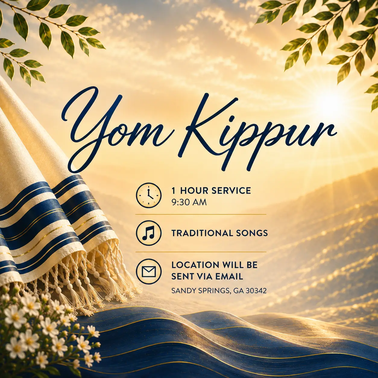 Join us for a warm and meaningful Yom Kippur service featuring traditional songs. The location will be sent by email