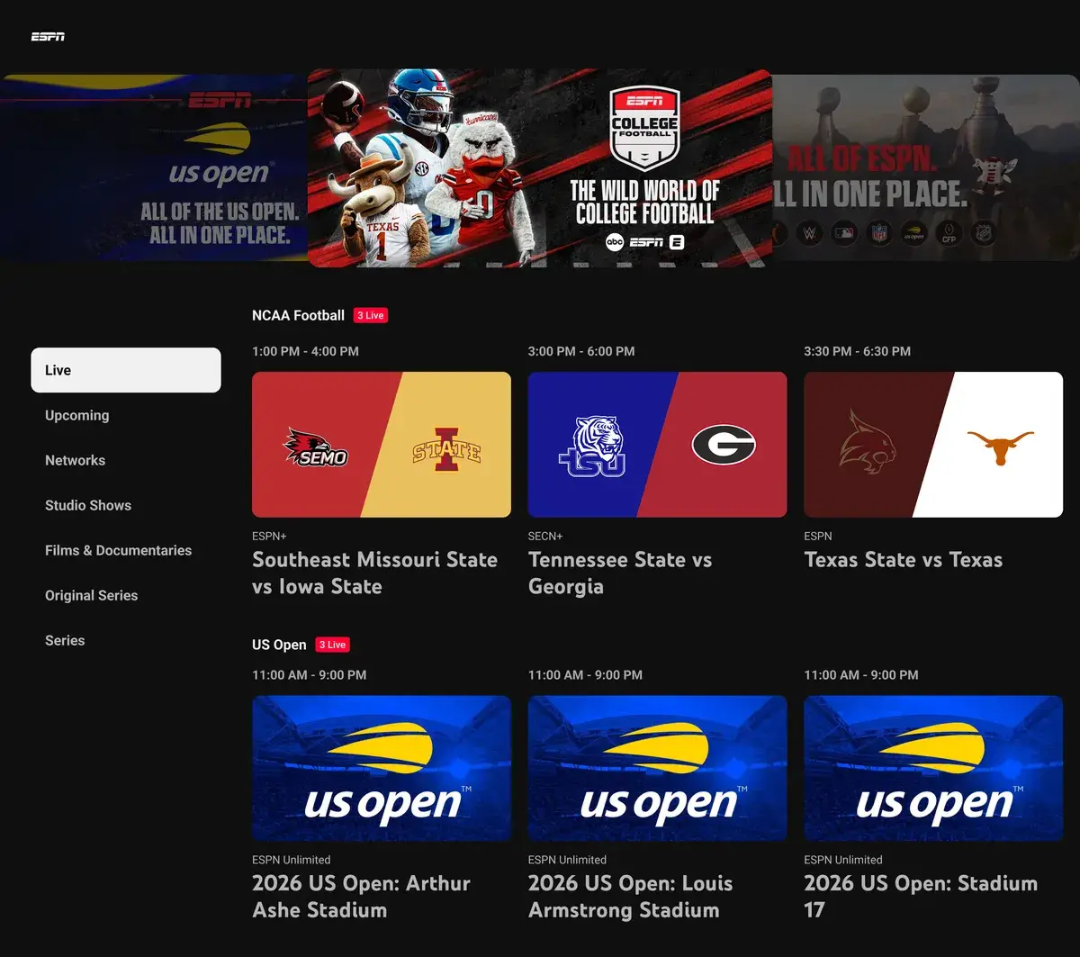 ESPN Unlimited content shown in the YouTube TV interface.