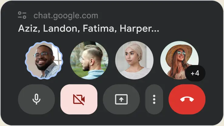 Full-screen Google Chat group video call with four participants' profile photos and call controls.
