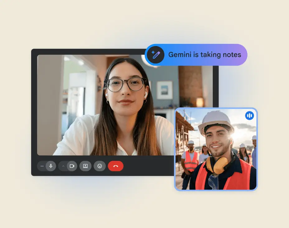 Two users in video call with an indicator that Gemini is taking notes of the conversation