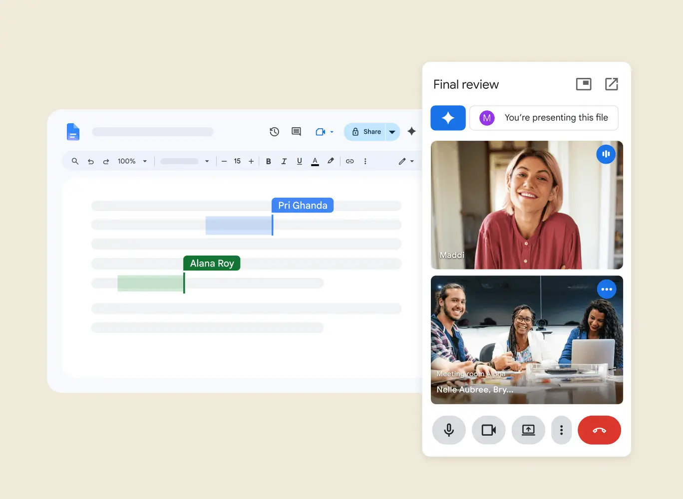 People in a Google Meet call collaborate in real time on a Google Doc.