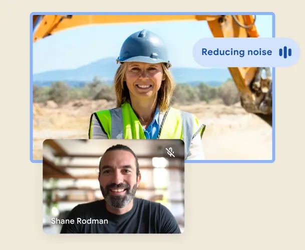 Google Meet video call with one user in living room and one user outdoors, with product UI depicting active noise cancellation.