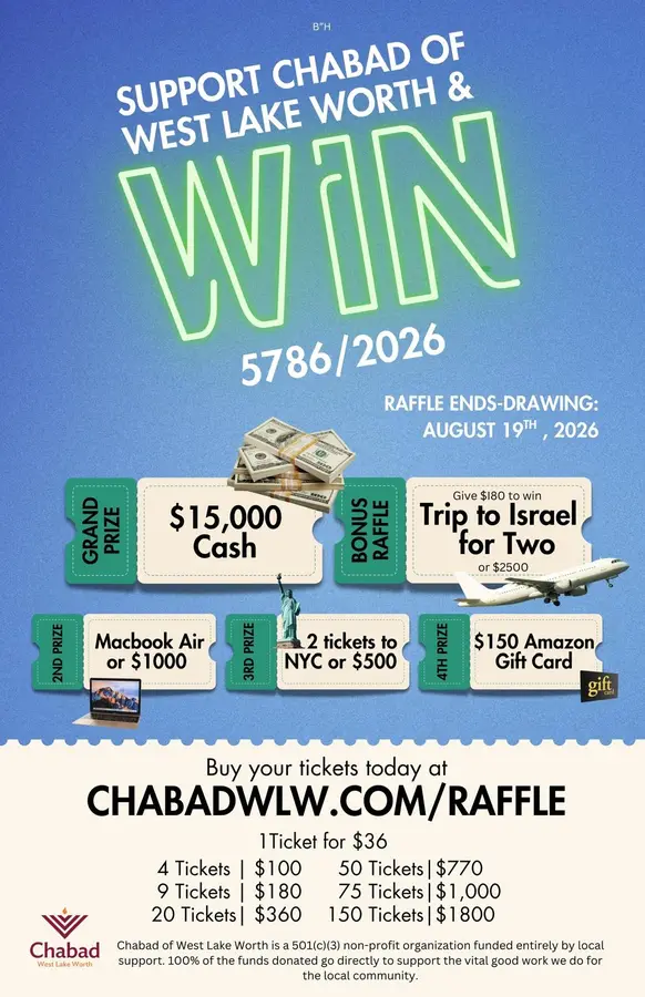 Support Chabad, Support Your Community. Bigger Prizes! You Win, We Win. Drawing August 19th, 2026 RAFFLE IS CLOSED.