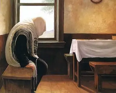A painting by Zalman Kleinman depicts a Chasid in prayer
