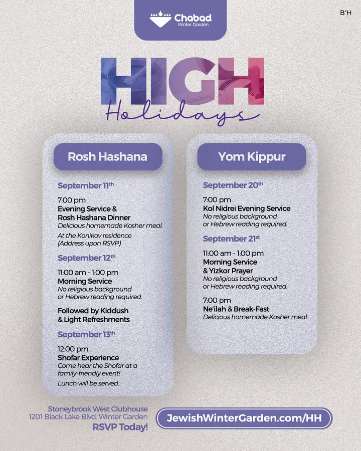 Please contact Rabbi Mendy Konikov with any questions (407) 350-8665 or Rabbi@JewishWinterGarden.com